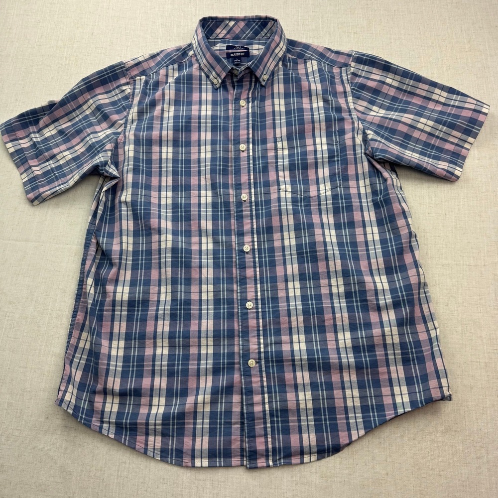 George Mens Classic Fit Sz L Short Sleeve Plaid Button Down Shirt Pink Blue EUC
